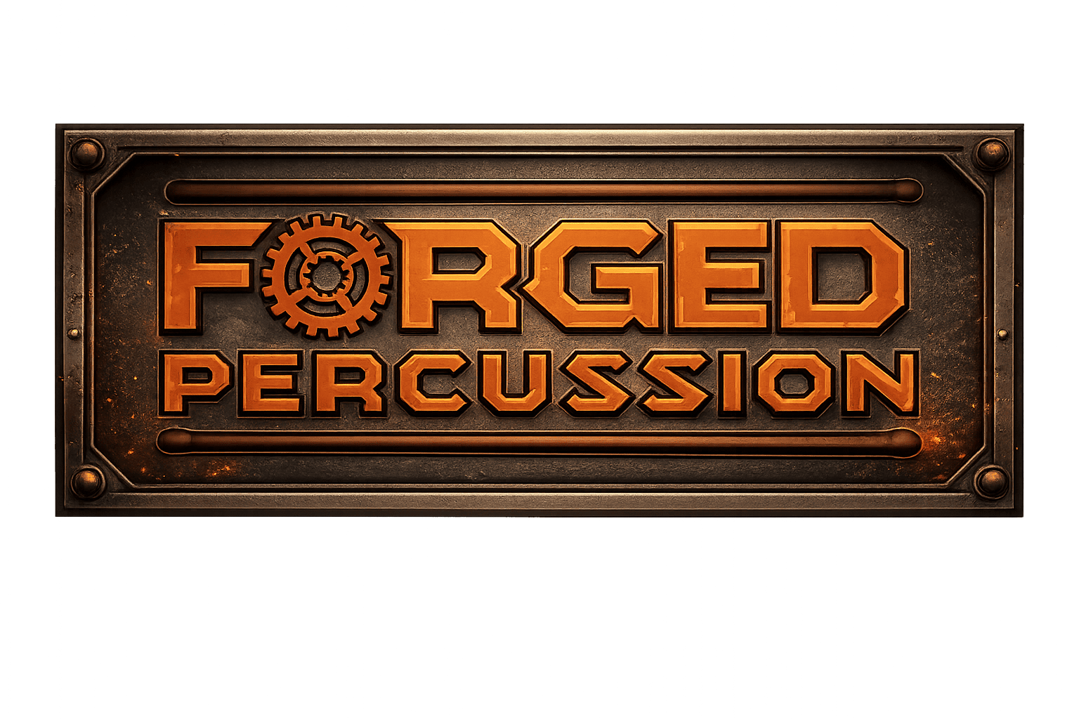 Forged percussion embossed on dark background featuring a gear as the "O" in Forged.